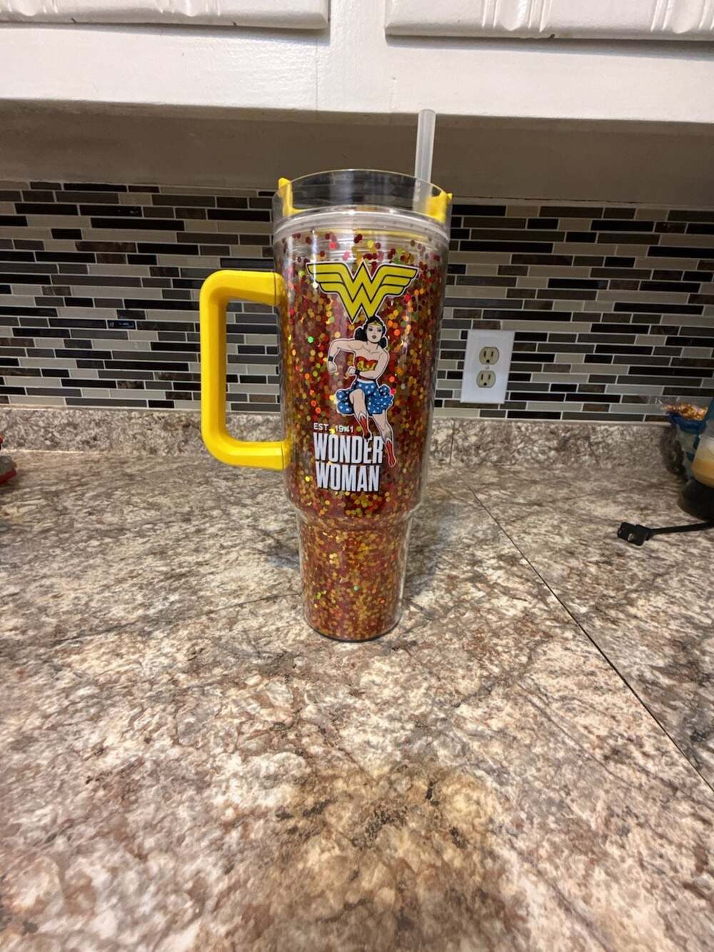 Wonder Woman Glitter Insulated Tumbler with Handle and Straw
